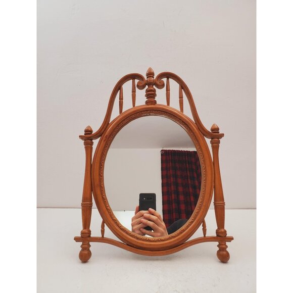 Vintage Wood Tabletop Vanity Mirror | Oval Makeup Mirror, Handmade Mirror, - Picture 1 of 10